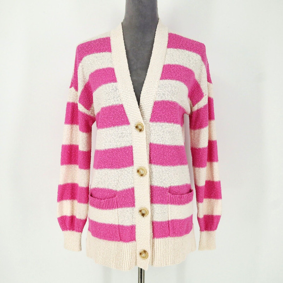 LOFT Sweaters - Loft Sweater Womens XS Pink Ivory Stripe Cardigan Pockets Slub Knit Nautical